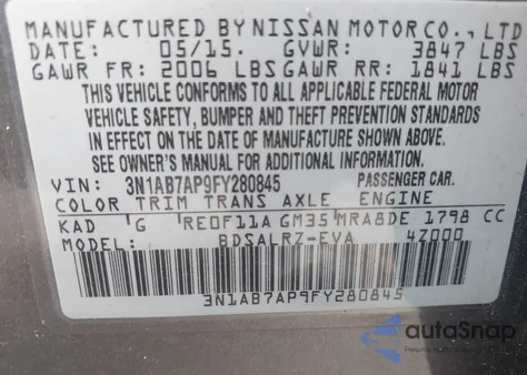 2015 Nissan Sentra Sr z USA, uszkodzony, nr VIN 3N1AB7AP9FY280845
